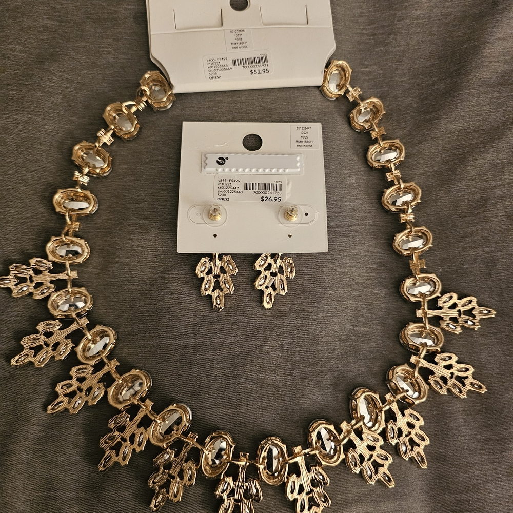 Lane Bryant Iridescent Crystal Statement Necklace & Drop Earrings - White/Gold - Picture 2 of 5